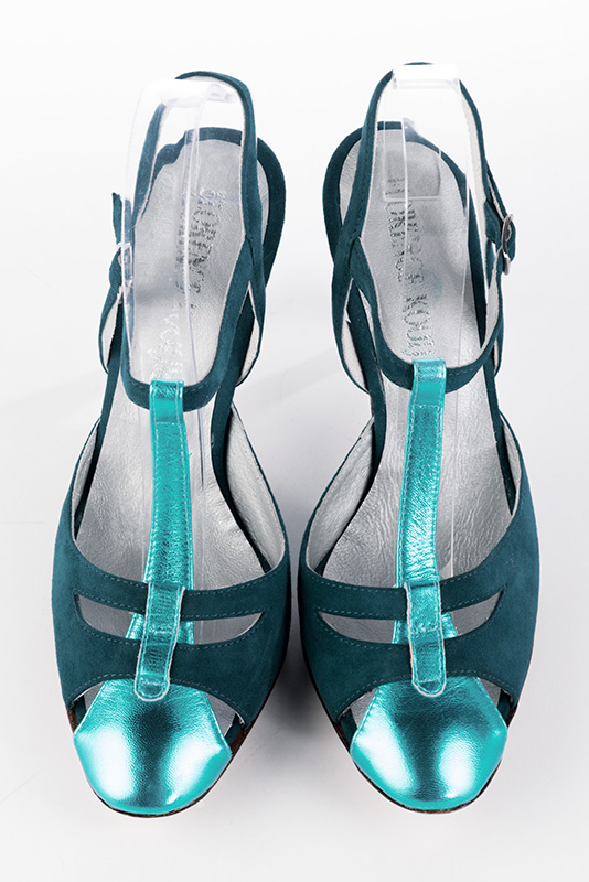 Aquamarine blue women's open back T-strap shoes. Round toe. Very high slim heel. Top view - Florence KOOIJMAN